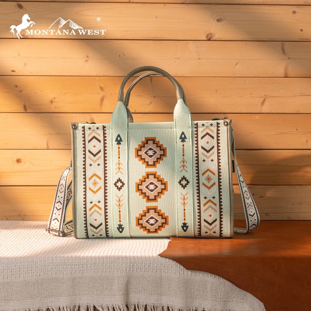 Montana West Aztec Retro Arrows Dual Sided Print Large Tote/Crossbody- Green